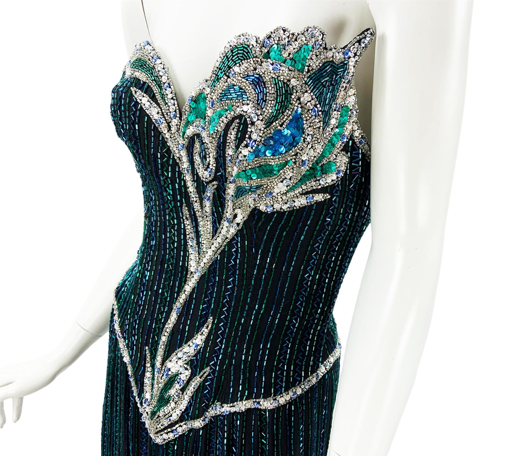 Vintage 80s Bob Mackie Boutique Green Blue Fully Beaded Silk Evening Dress Gown  For Sale 3