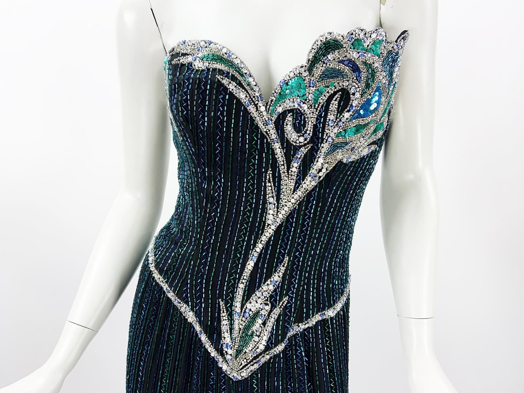 Vintage 80s Bob Mackie Boutique Green Blue Fully Beaded Silk Evening Dress Gown  For Sale 5