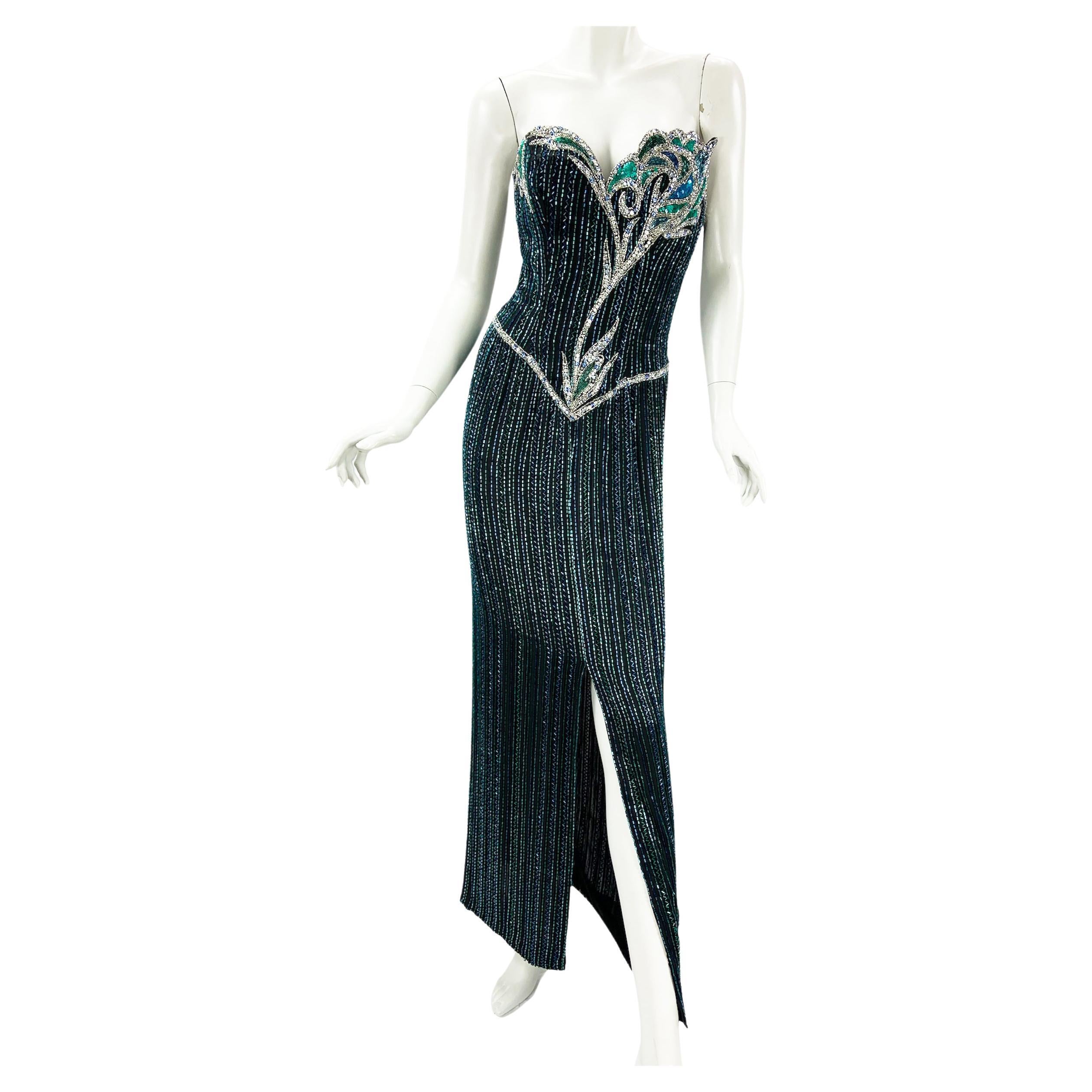 Vintage 80s Bob Mackie Boutique Green Blue Fully Beaded Silk Evening Dress Gown  For Sale