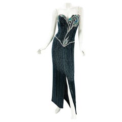 Vintage 80s Bob Mackie Boutique Green Blue Fully Beaded Silk Evening Dress Gown 