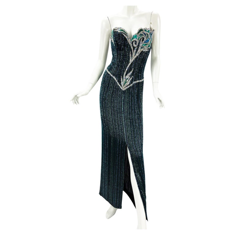 Vintage 80s Bob Mackie Boutique Vestido de noche de seda verde