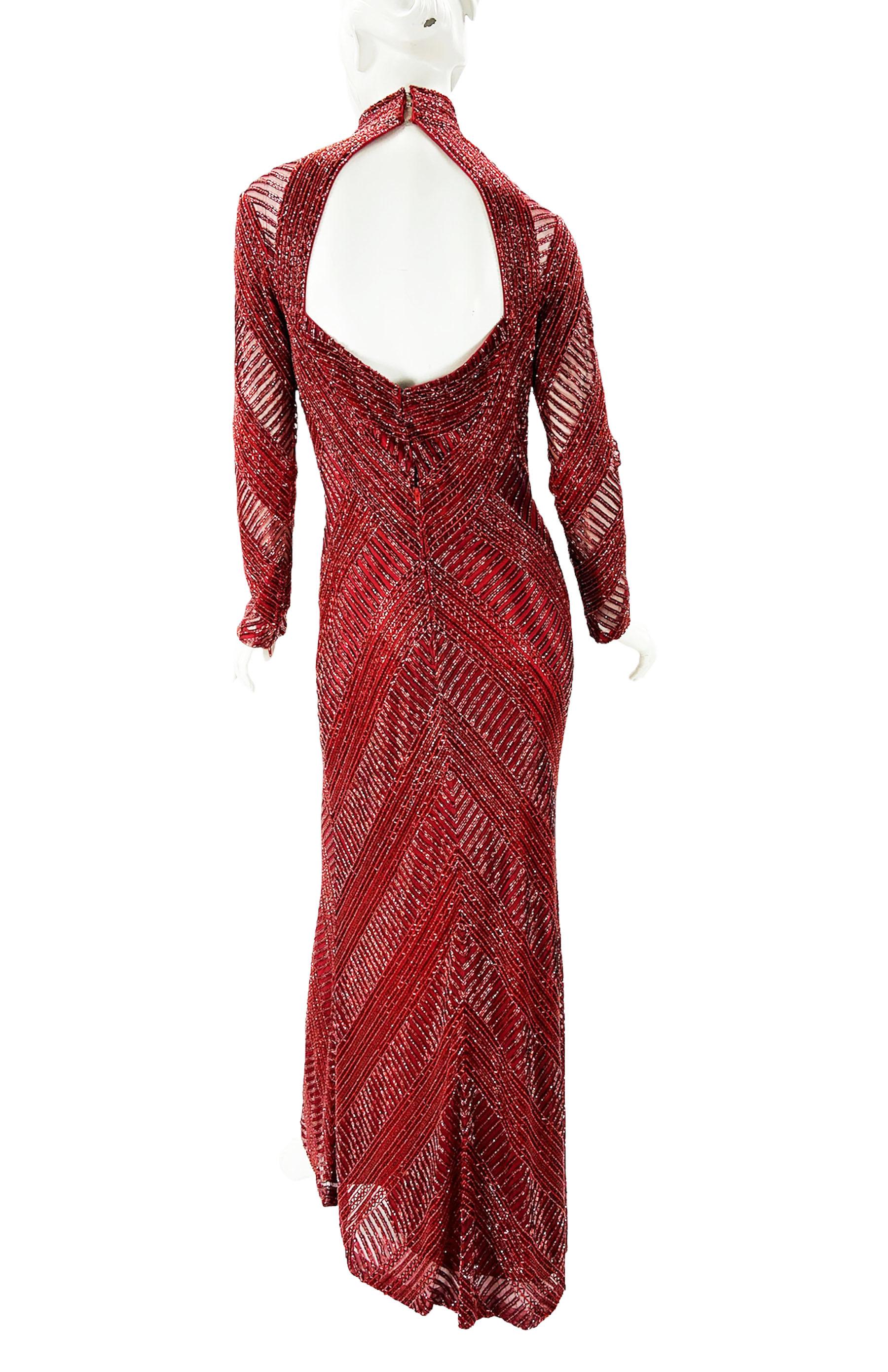 Vintage 80's Bob Mackie Burgundy Fully Beaded Open Back Evening Dress Gown M In Excellent Condition For Sale In Montgomery, TX