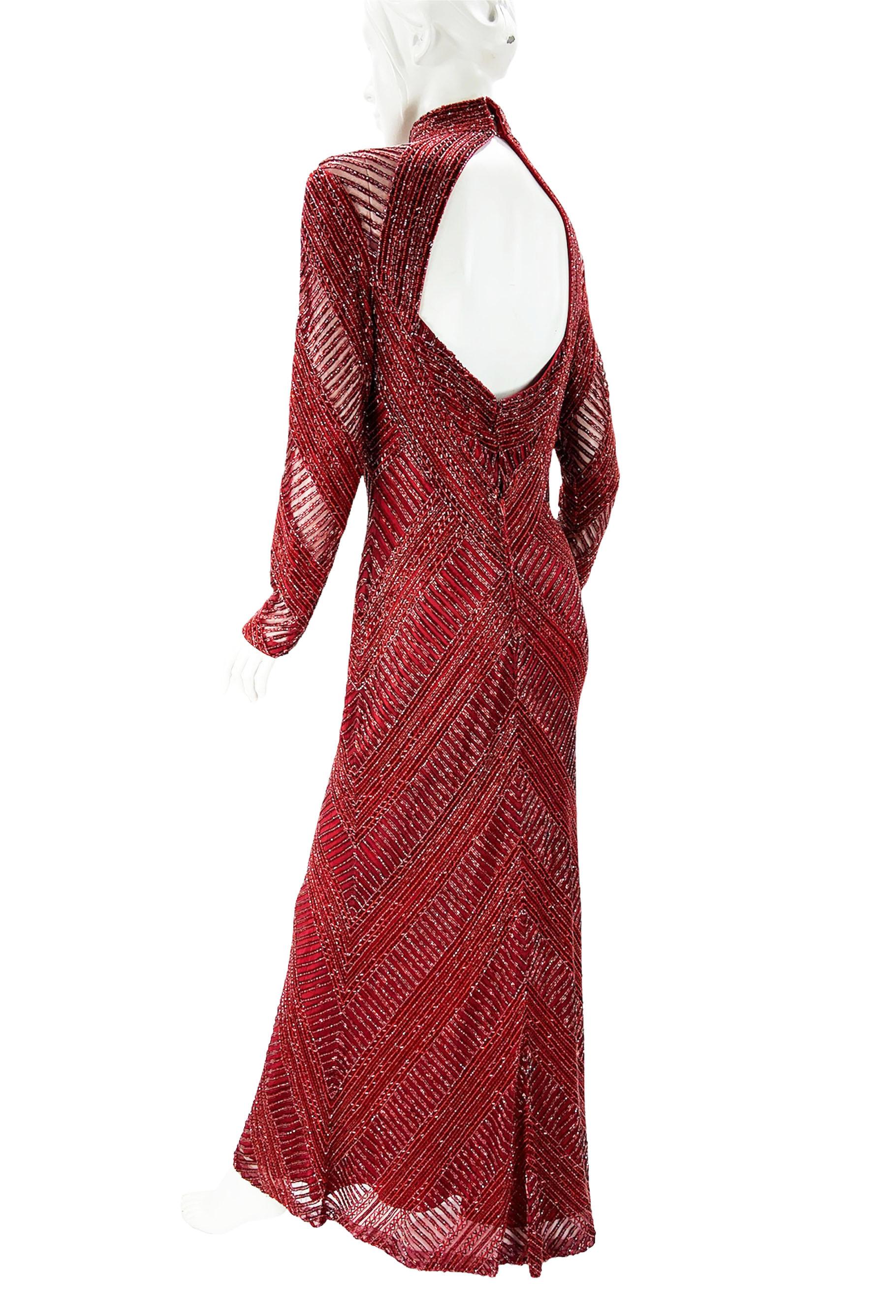 Women's Vintage 80's Bob Mackie Burgundy Fully Beaded Open Back Evening Dress Gown M For Sale