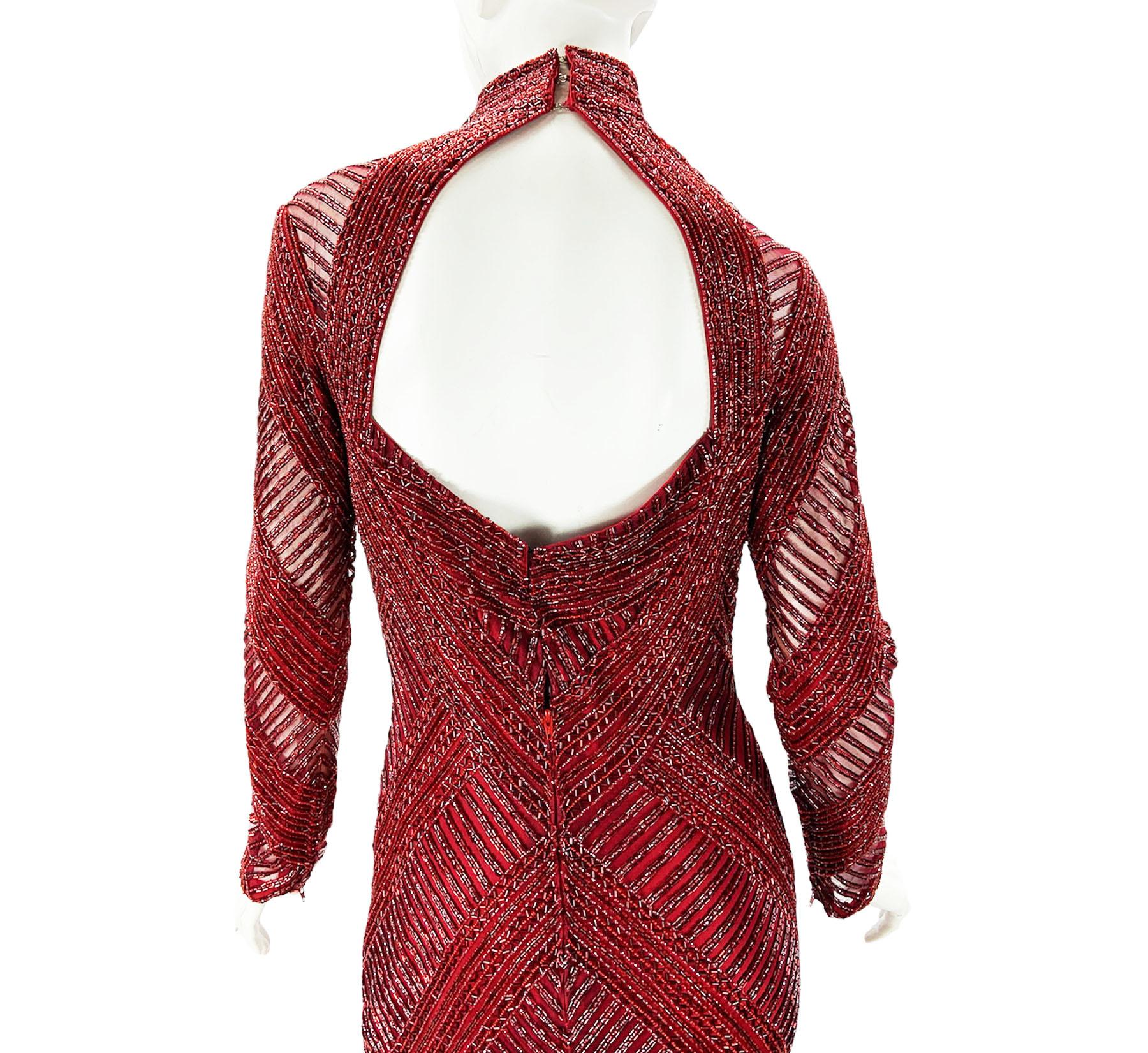 Vintage 80's Bob Mackie Burgundy Fully Beaded Open Back Evening Dress Gown M For Sale 3