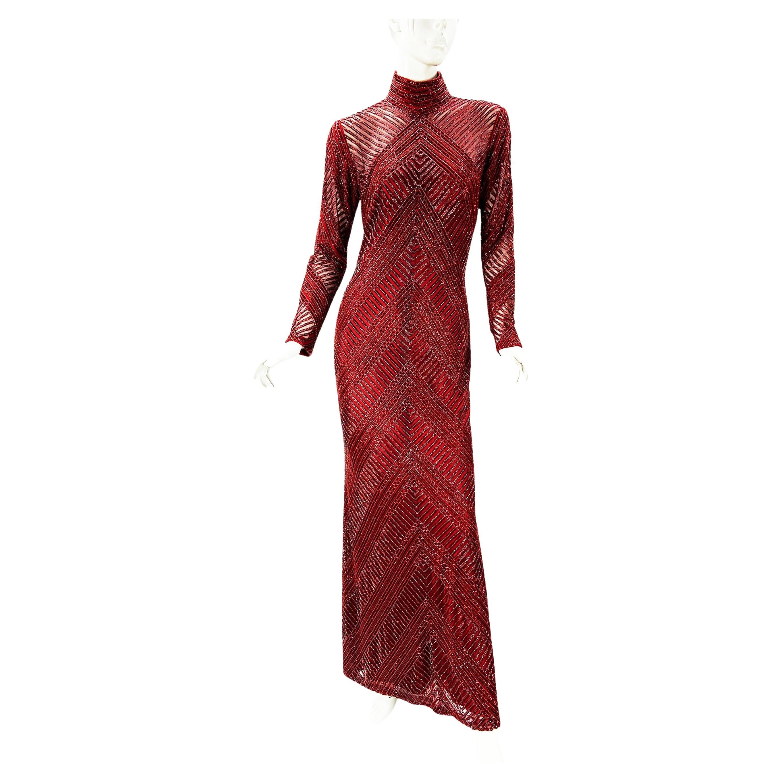 Vintage 80's Bob Mackie Burgundy Fully Beaded Open Back Evening Dress Gown M For Sale