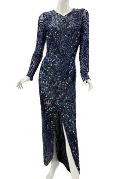 Vintage 80's Bob Mackie Navy Blue Fully Embellished Long Dress Gown size 10