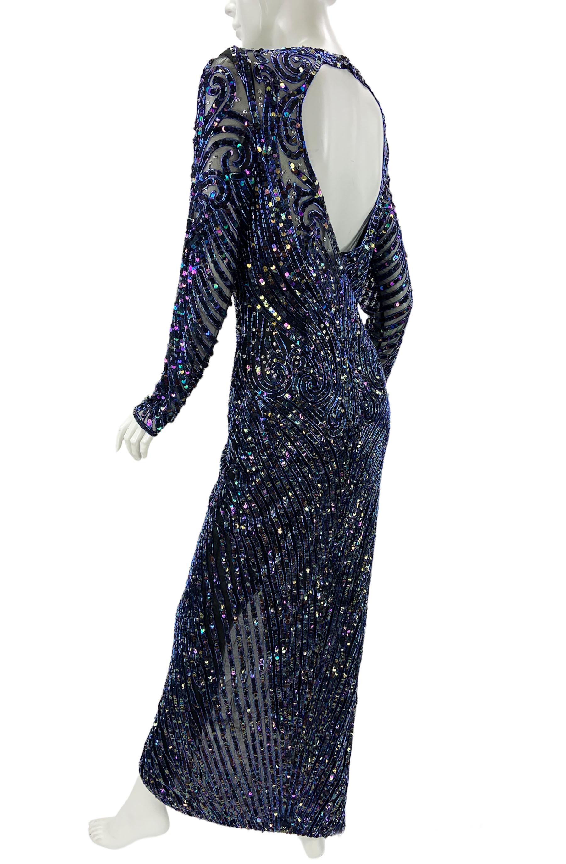 Bob Mackie - Robe longue bleu marine entièrement embellie, taille 10, années 80 Excellent état - En vente à Montgomery, TX