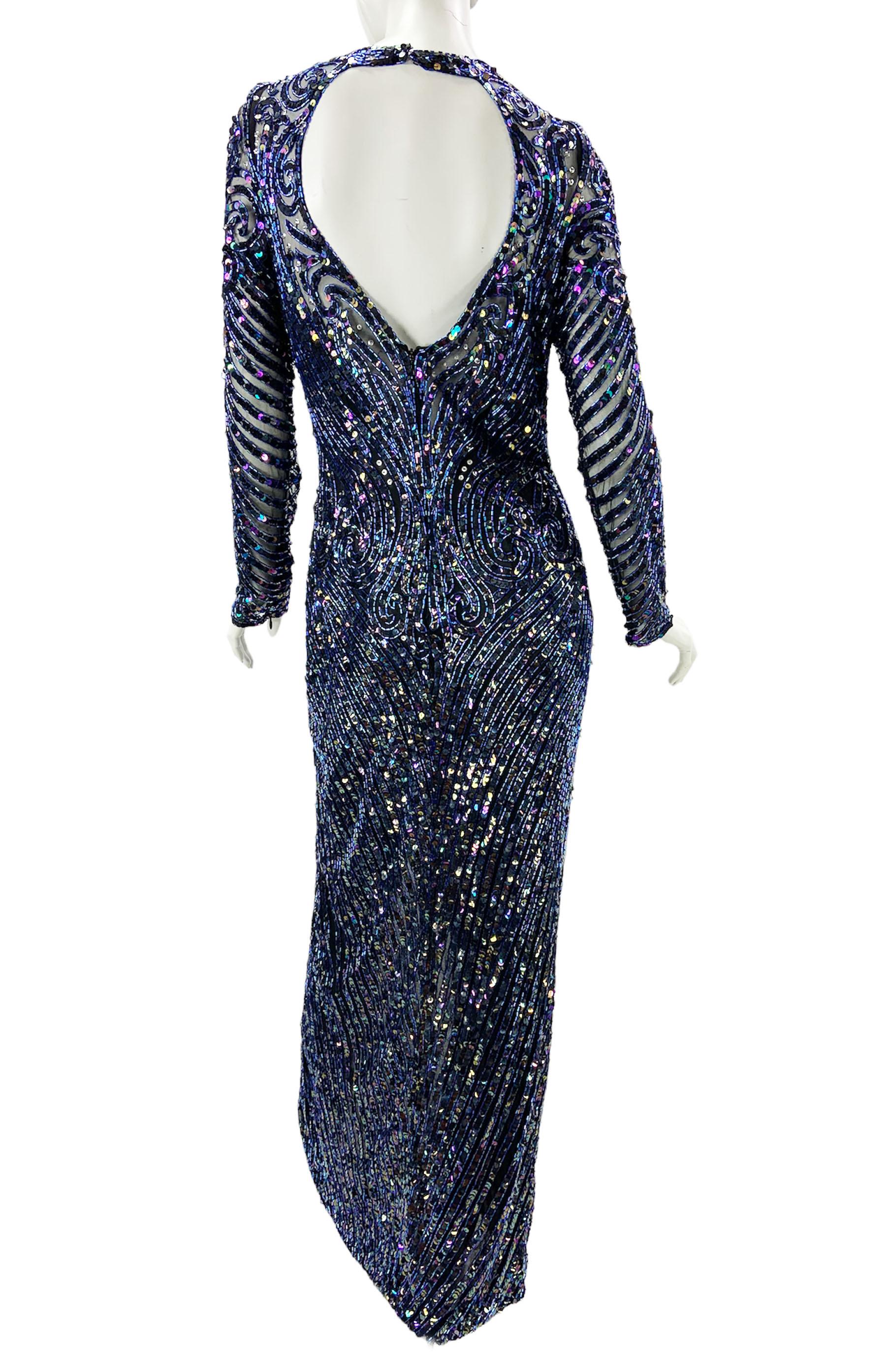 Vintage 80's Bob Mackie Navy Blue Fully Embellished Long Dress Gown size 10 In Excellent Condition For Sale In Montgomery, TX