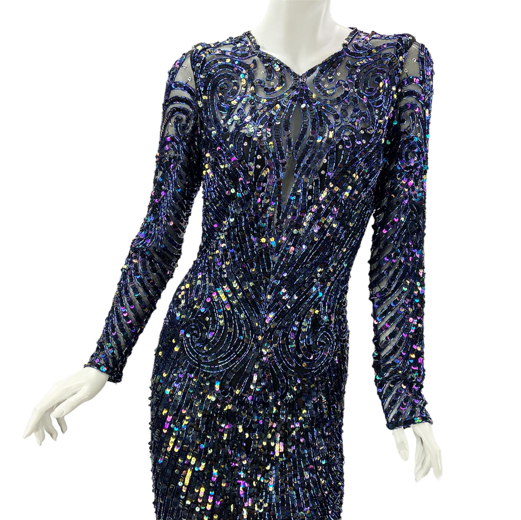 Women's Vintage 80's Bob Mackie Navy Blue Fully Embellished Long Dress Gown size 10 For Sale