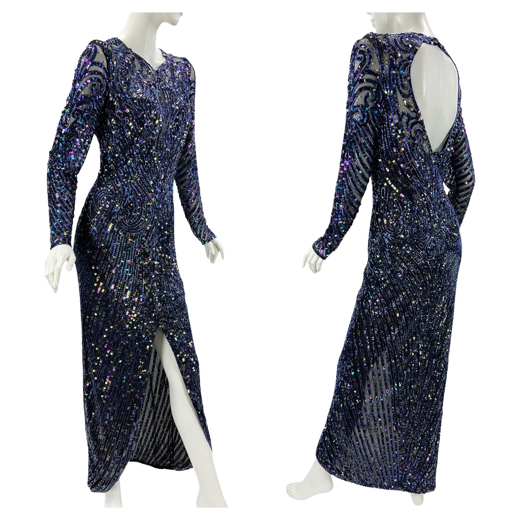 Vintage 80's Bob Mackie Navy Blue Fully Embellished Long Dress Gown size 10 For Sale