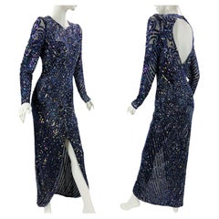Retro 80's Bob Mackie Navy Blue Fully Embellished Long Dress Gown size 10