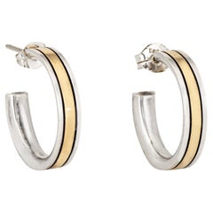 Vintage 80s Cartier Hoop Earrings 3/4" Sterling Silver 18k Yellow Gold Signed