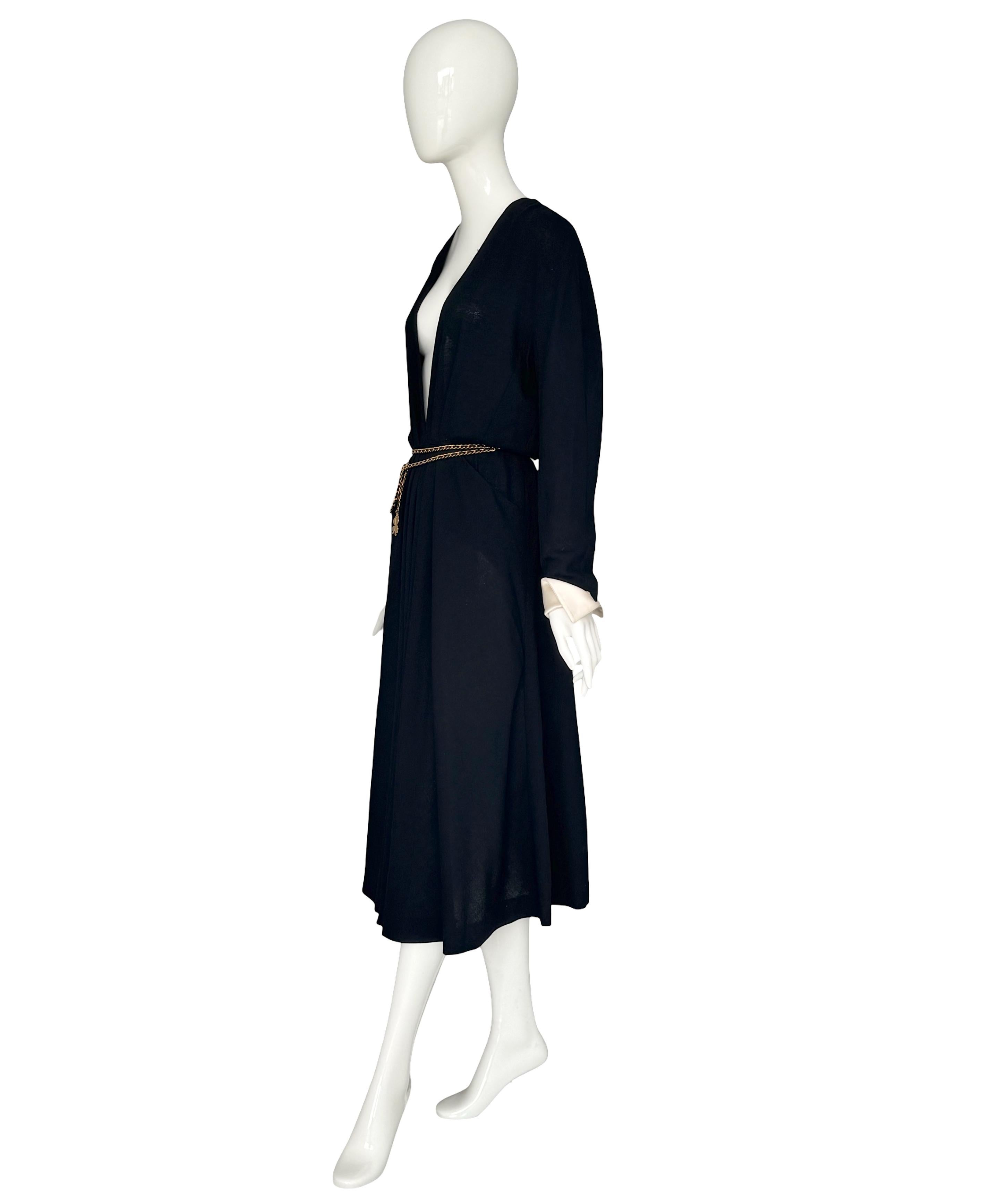 Vintage 80s Chanel Black Pleated Crepe Dress Deep V-Neck Detachable Satin Cuffs For Sale 6