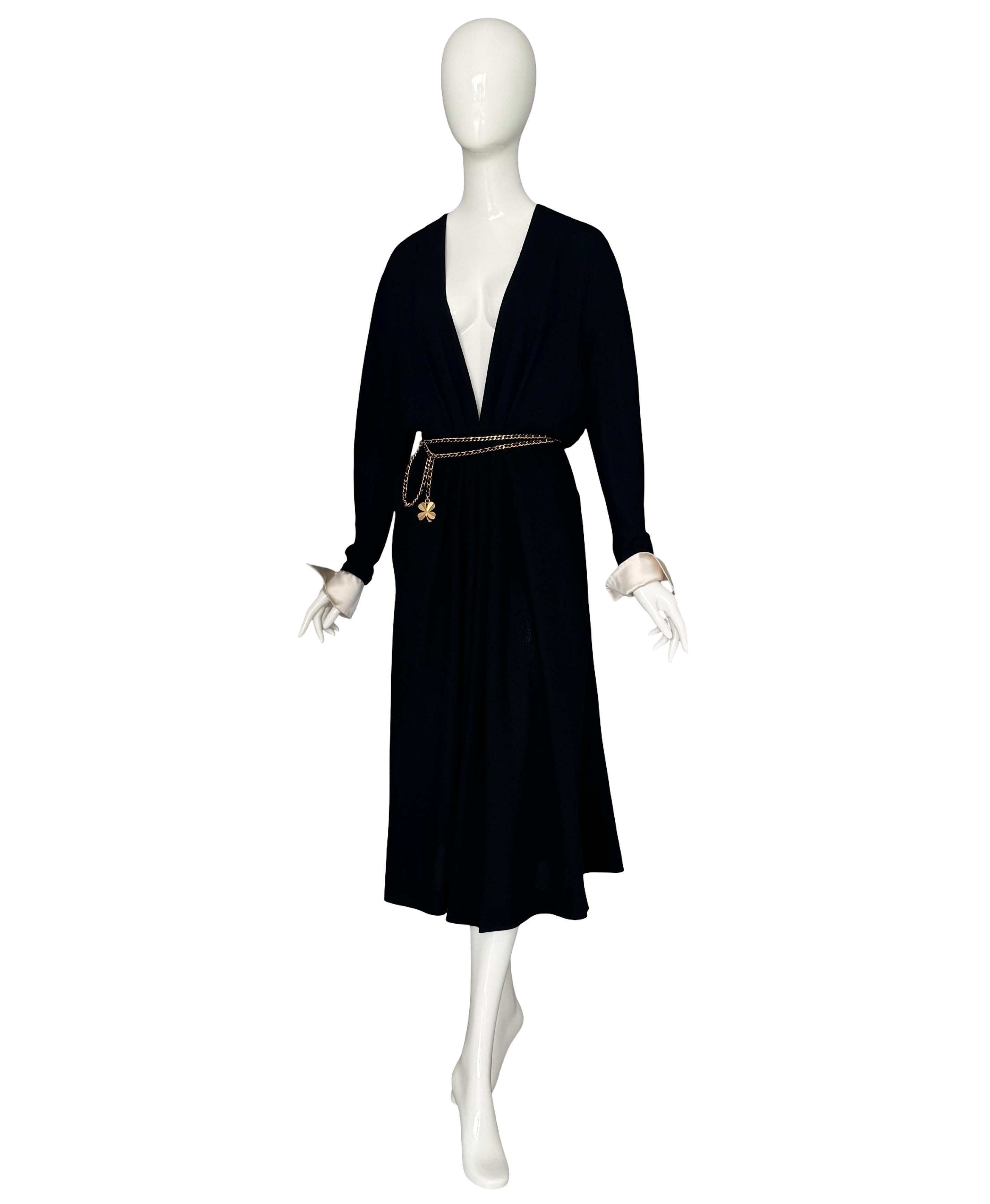 Vintage 80s Chanel Black Pleated Crepe Dress Deep V-Neck Detachable Satin Cuffs For Sale 7