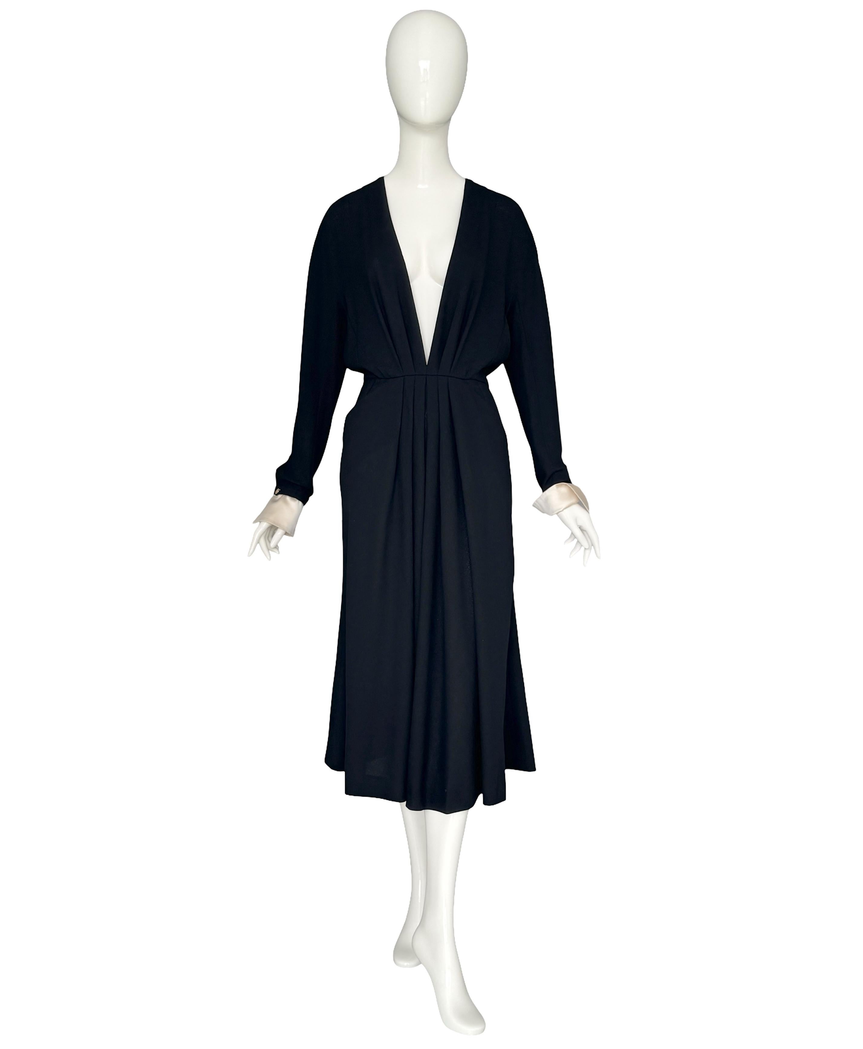 Vintage 80s Chanel Black Pleated Crepe Dress Deep V-Neck Detachable Satin Cuffs For Sale 8