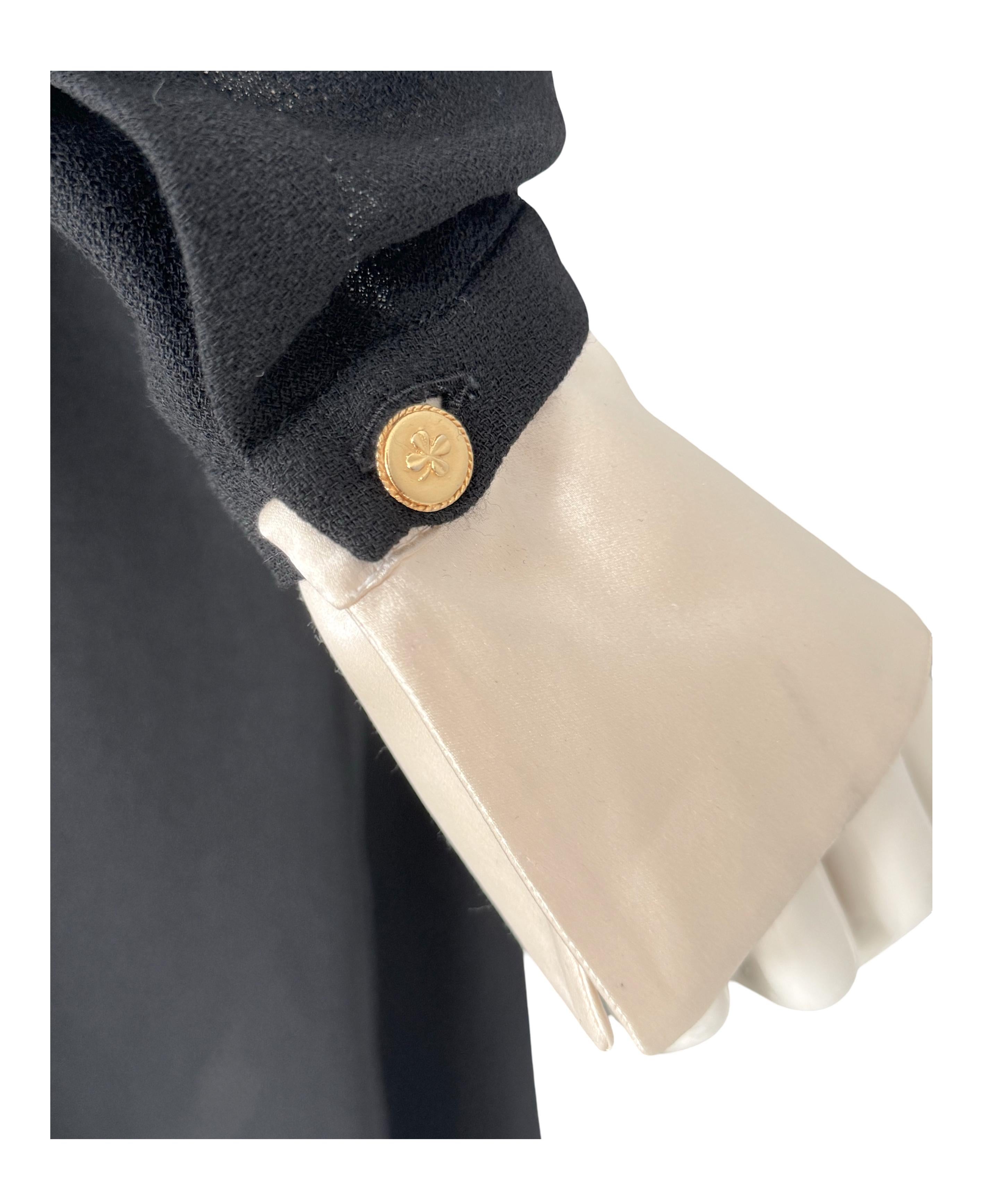 Vintage 80s Chanel Black Pleated Crepe Dress Deep V-Neck Detachable Satin Cuffs For Sale 9