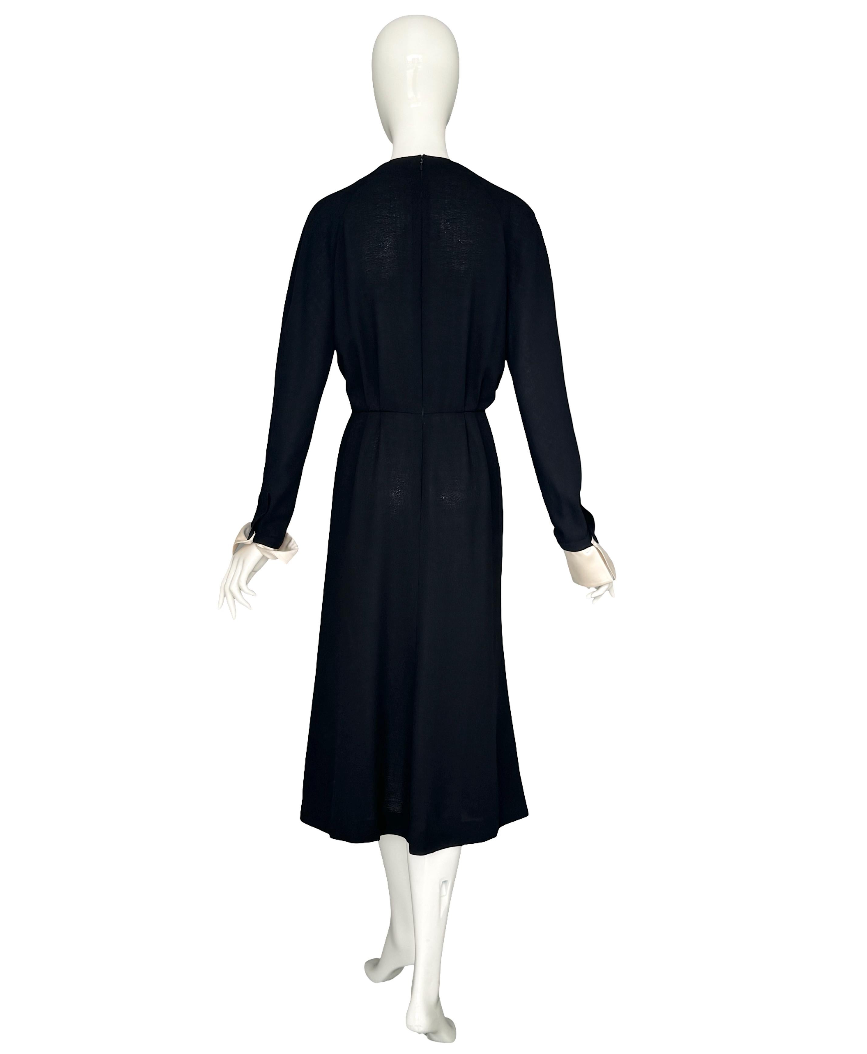 Vintage 80s Chanel Black Pleated Crepe Dress Deep V-Neck Detachable Satin Cuffs For Sale 10