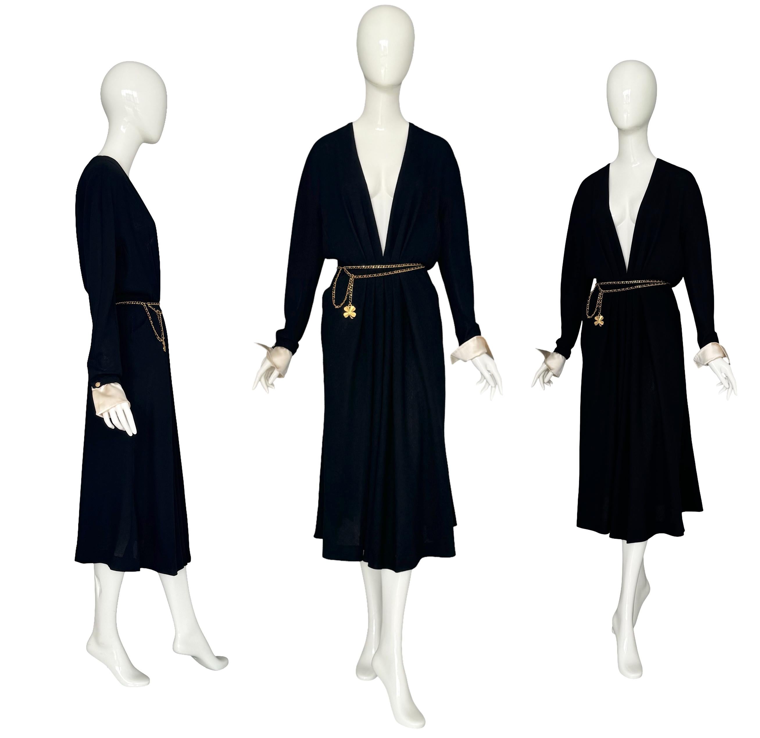 Vintage 80s Chanel Black Pleated Crepe Dress Deep V-Neck Detachable Satin Cuffs For Sale 11