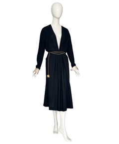 Vintage 80s Chanel Black Pleated Crepe Dress Deep V-Neck Detachable Satin Cuffs