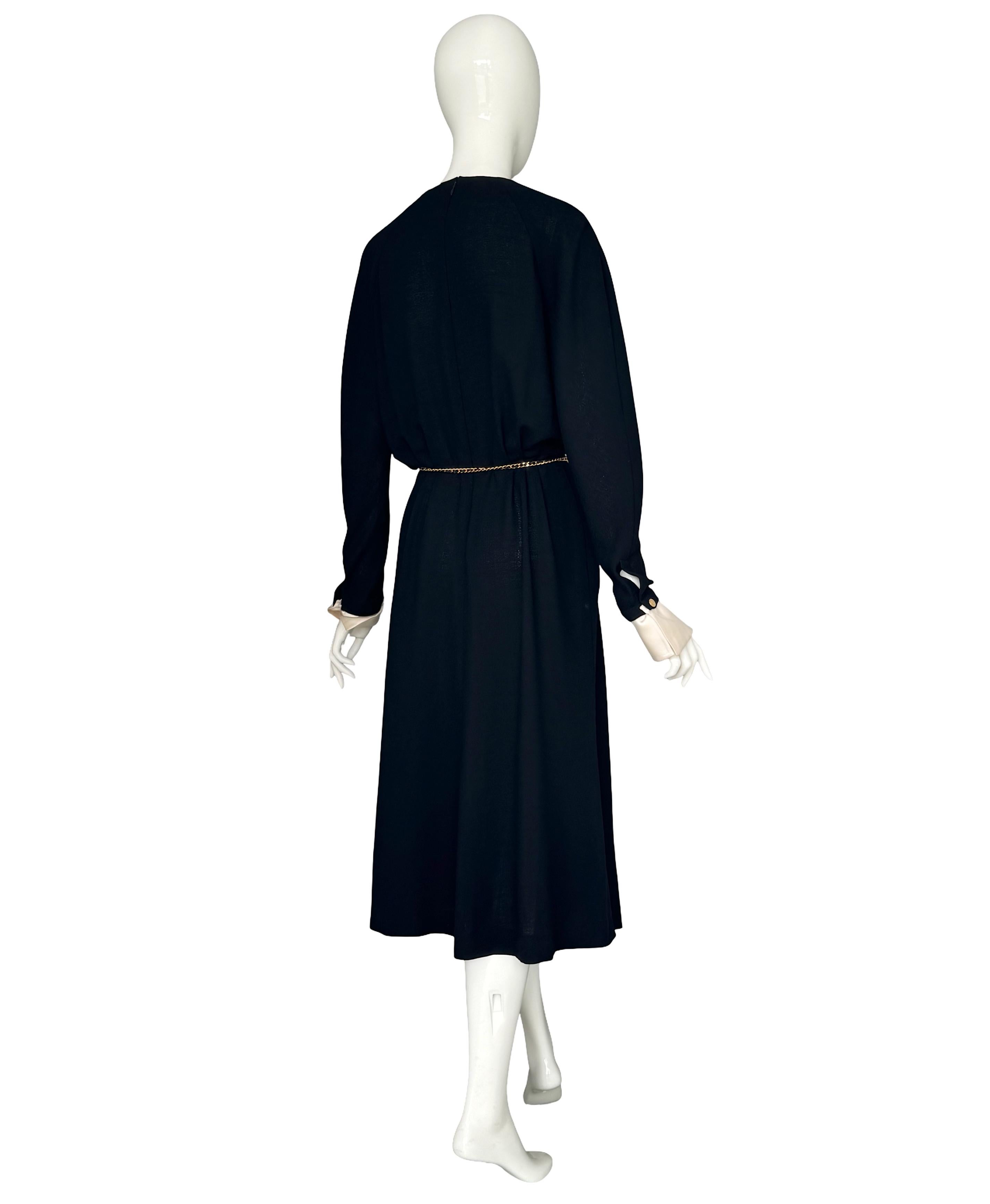 Women's Vintage 80s Chanel Black Pleated Crepe Dress Deep V-Neck Detachable Satin Cuffs For Sale
