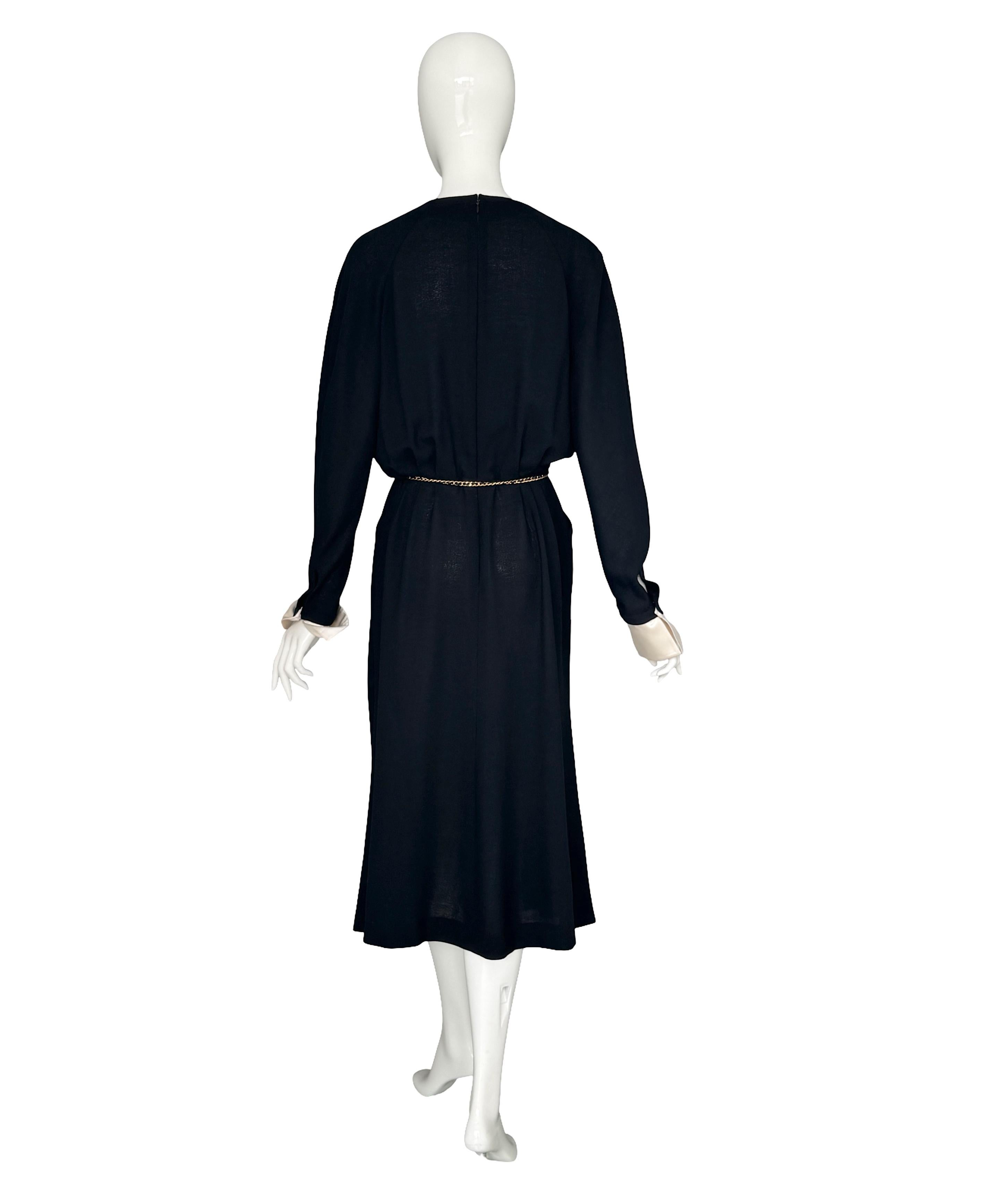Vintage 80s Chanel Black Pleated Crepe Dress Deep V-Neck Detachable Satin Cuffs For Sale 1