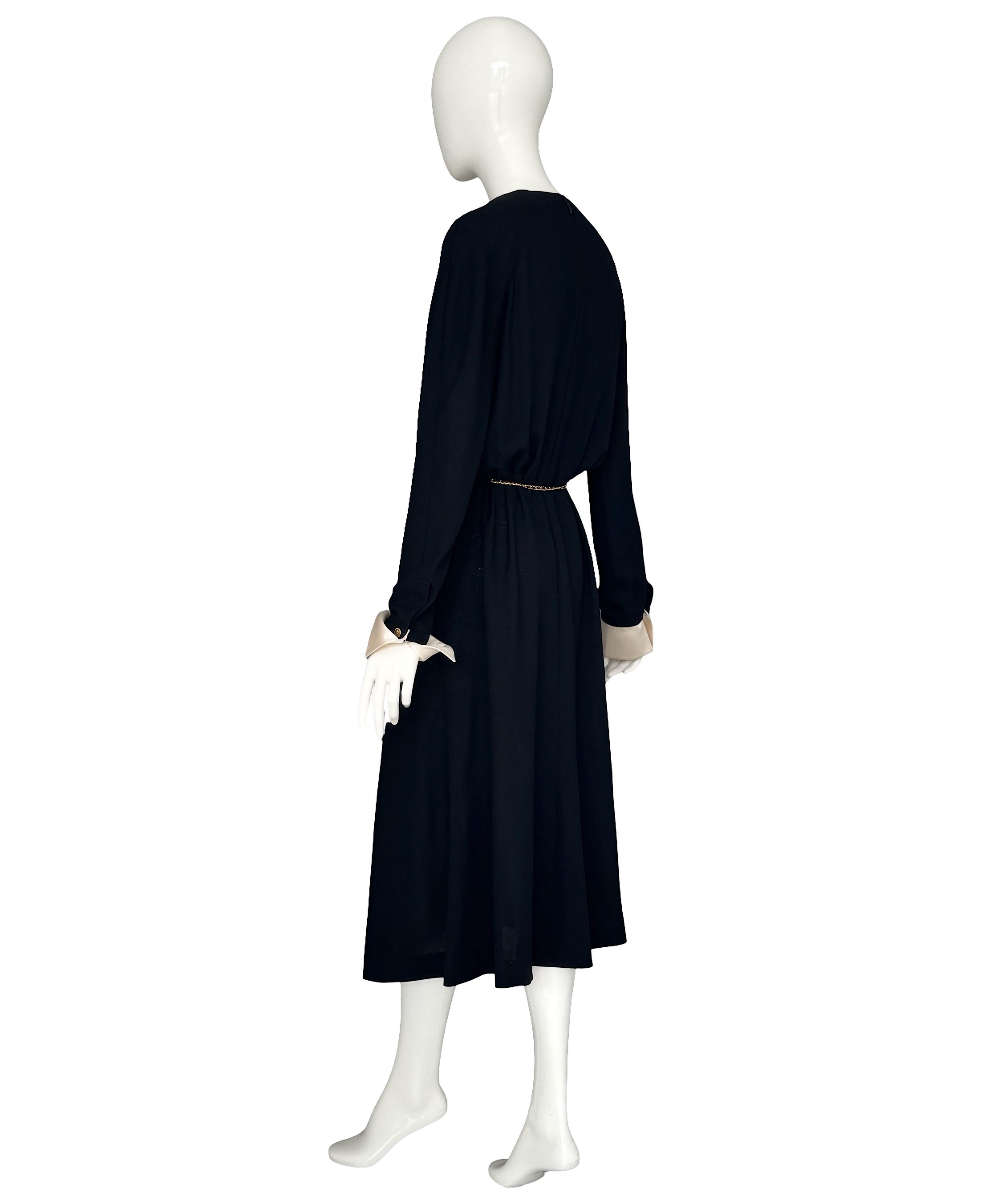 Vintage 80s Chanel Black Pleated Crepe Dress Deep V-Neck Detachable Satin Cuffs For Sale 2