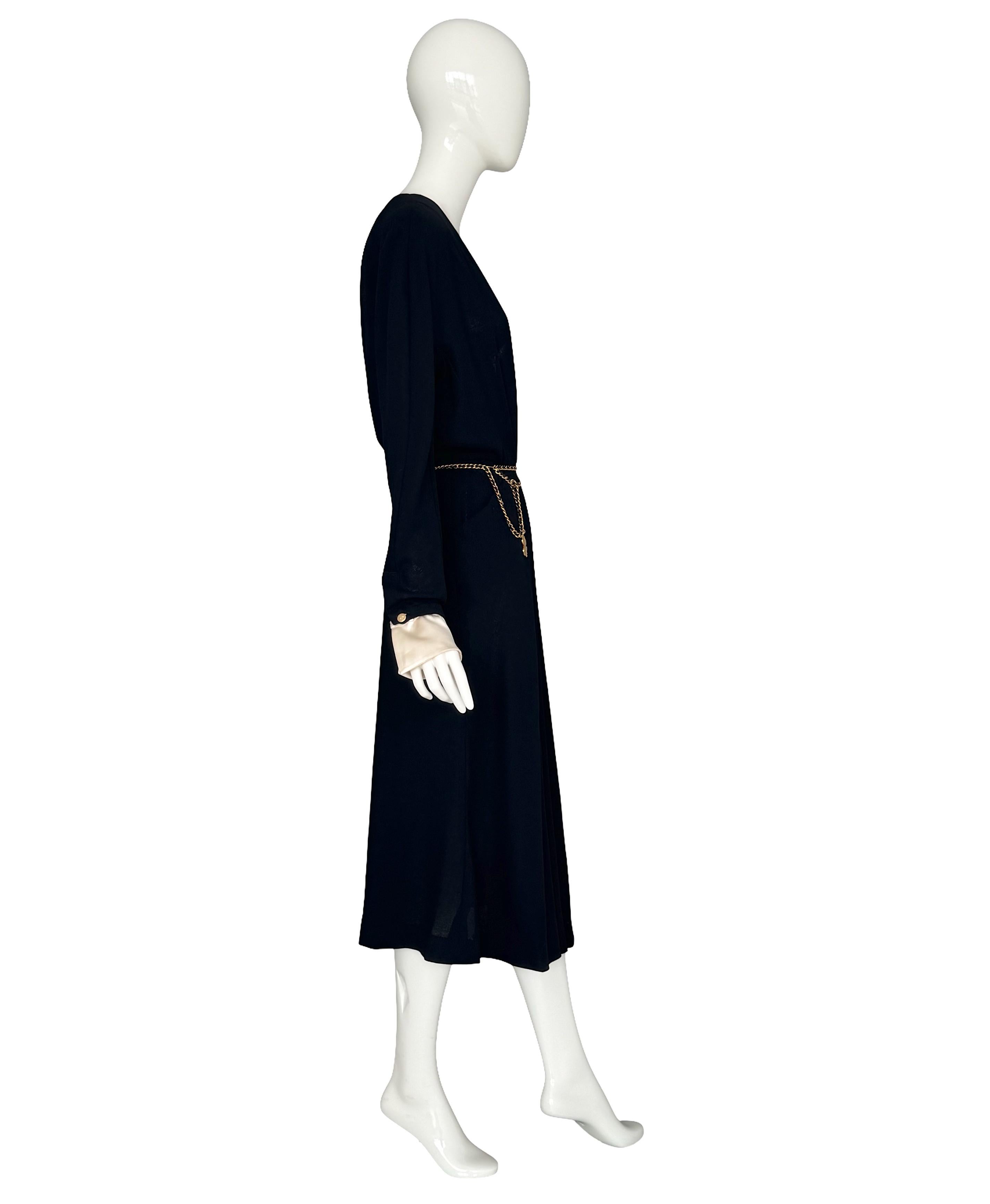 Vintage 80s Chanel Black Pleated Crepe Dress Deep V-Neck Detachable Satin Cuffs For Sale 3