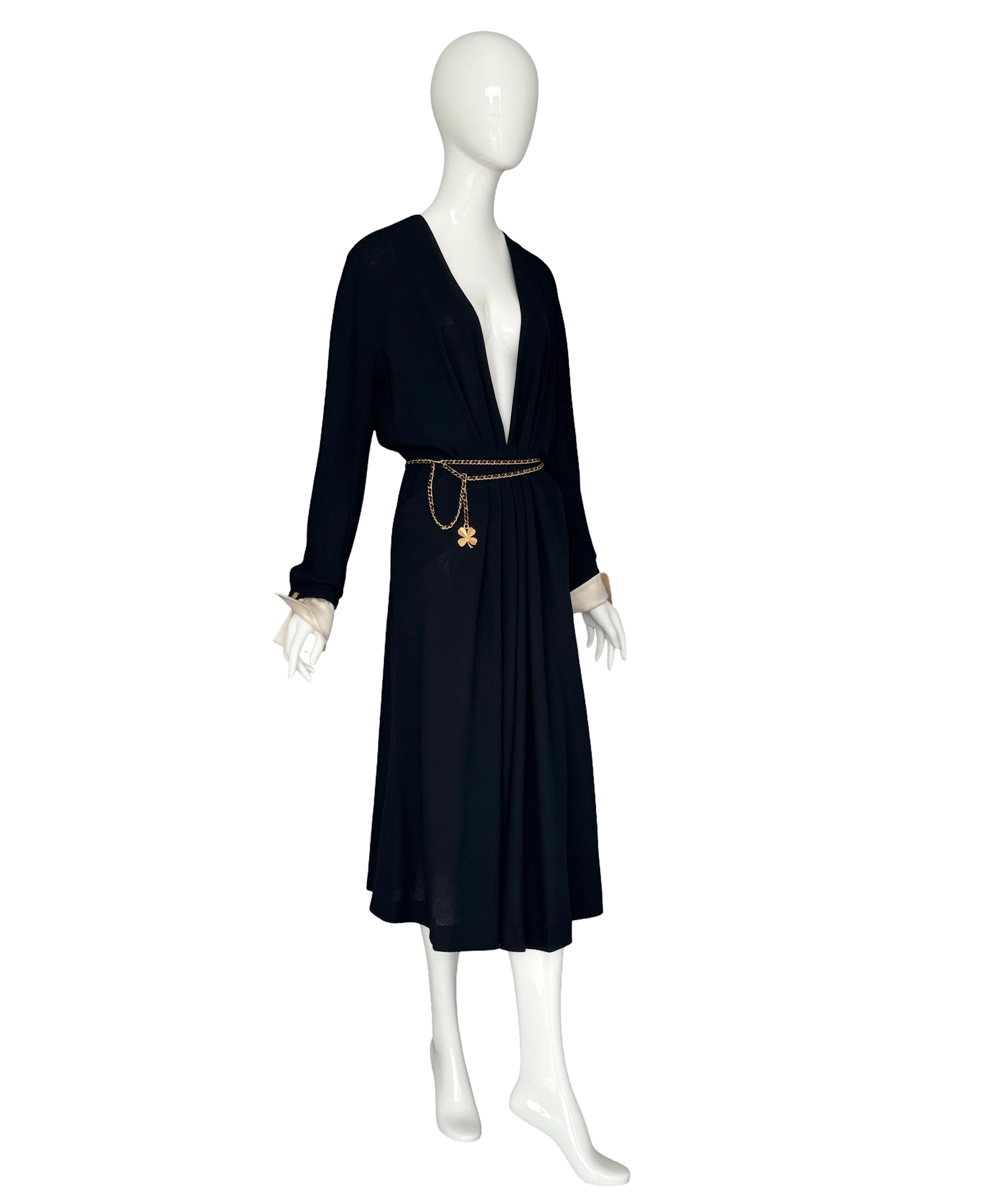 Vintage 80s Chanel Black Pleated Crepe Dress Deep V-Neck Detachable Satin Cuffs For Sale 4