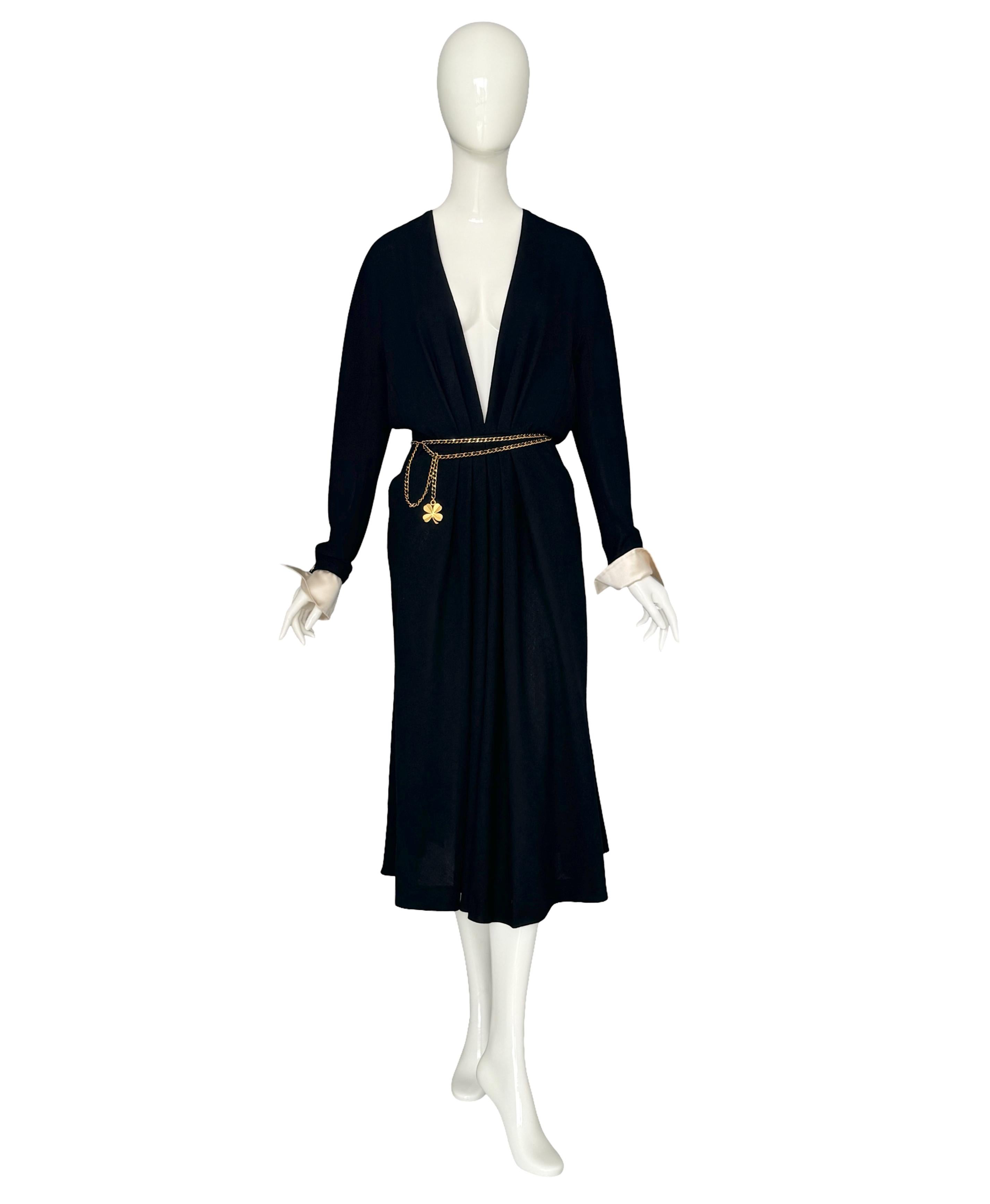Vintage 80s Chanel Black Pleated Crepe Dress Deep V-Neck Detachable Satin Cuffs For Sale 5
