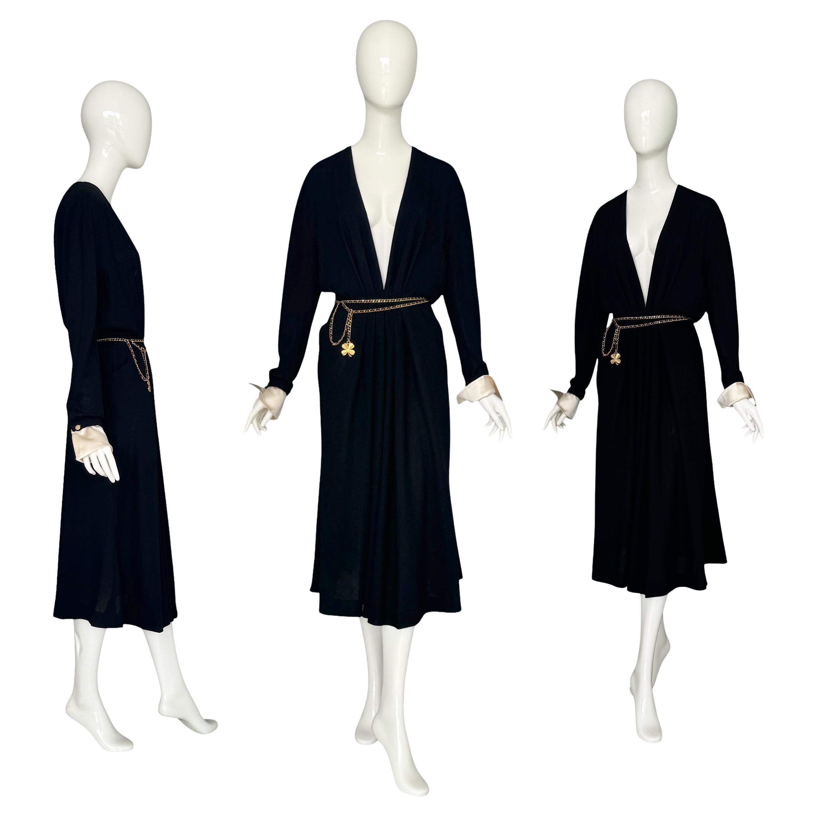 Vintage 80s Chanel Black Pleated Crepe Dress Deep V-Neck Detachable Satin Cuffs For Sale