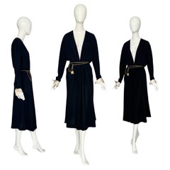 Vintage 80s Chanel Black Pleated Crepe Dress Deep V-Neck Detachable Satin Cuffs