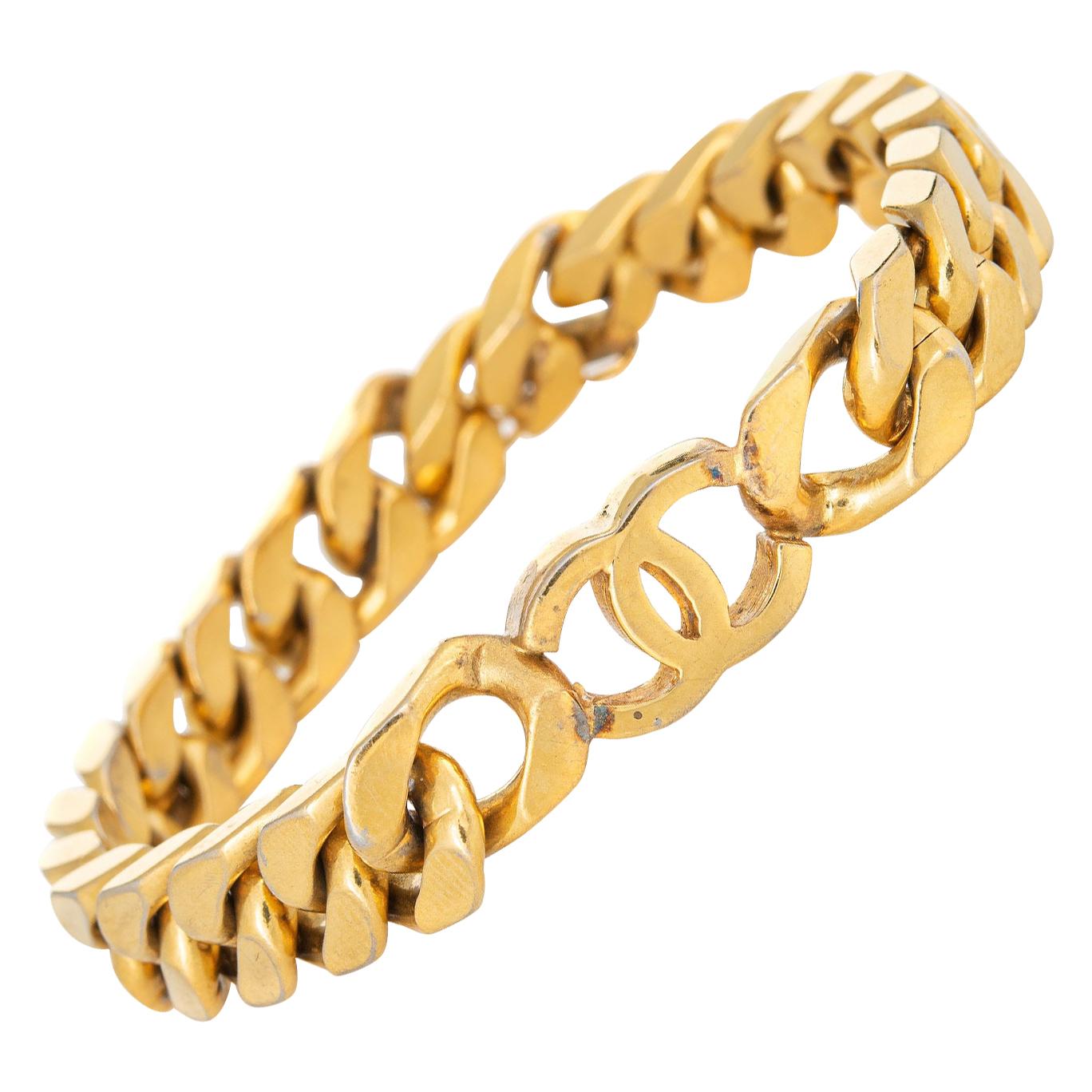 Vintage 80s Chanel Bracelet Curb Link CC Logo Yellow Gold Tone 