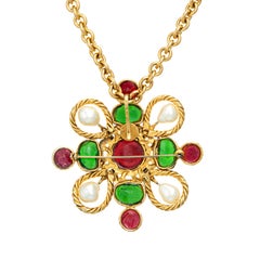 Vintage 80s Chanel Gripoix Necklace Large Medallion Pendant Colored Glass