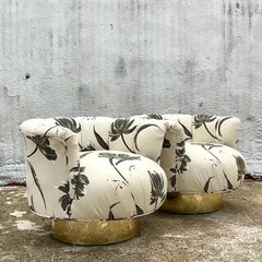 Vintage 80s Contemporary Channel Tufted Swivel Chairs, a Pair