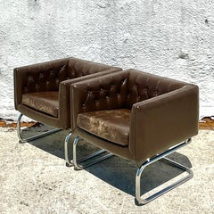 Vintage 80s Contemporary Stow Davis Distressed Leather Tub Chairs, a Pair