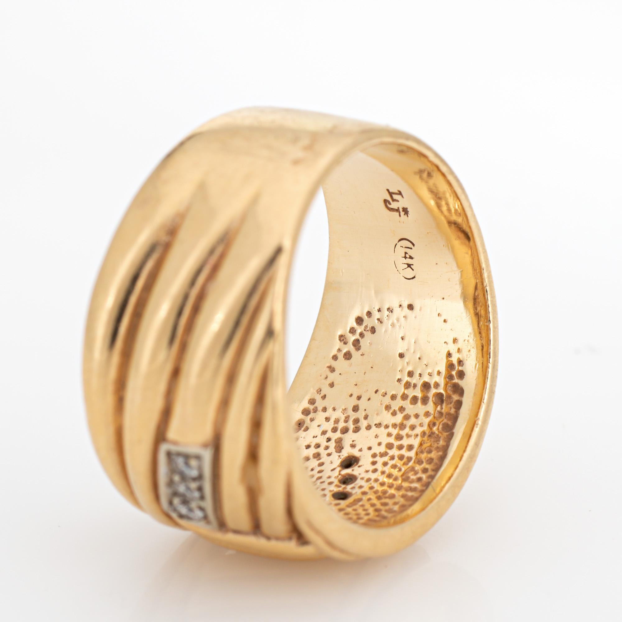 Women's Vintage 80s Diamond Wide Band Sz 8.5 Ring 14k Yellow Gold Estate Fine Jewelry For Sale