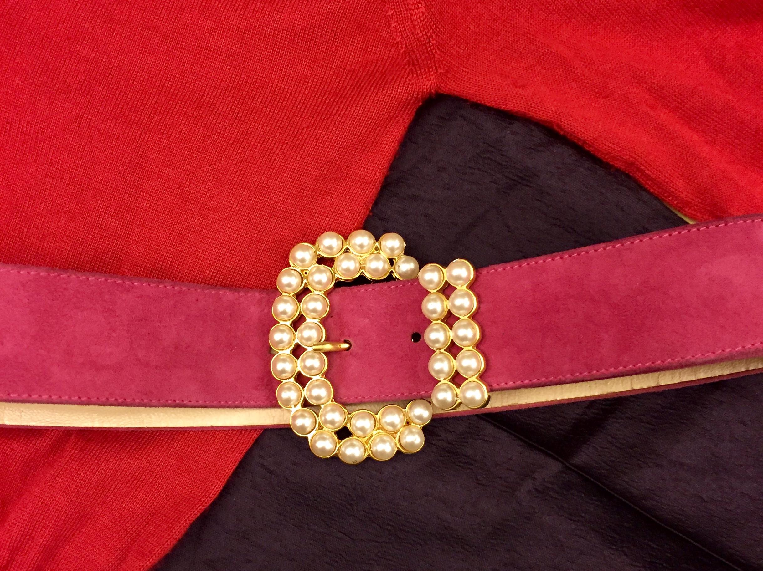 Vintage 80s Faux Pearl Black Suede Belt  In Excellent Condition In Sheung Wan, HK