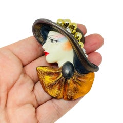Vintage 80's flapper art deco style ladies face designer pin brooch
