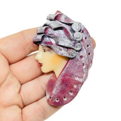 Vintage 80's flapper art deco style ladies face designer pin brooch