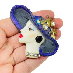 Vintage 80's flapper art deco style ladies face designer pin brooch