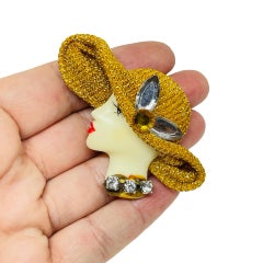 Broche vintage 80's flapper art deco style ladies face designer broche