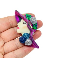 Vintage 80's flapper art deco style ladies face designer pin brooch