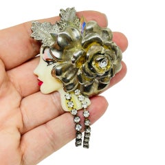 Vintage 80's flapper art deco style ladies face designer pin brooch