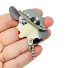 Vintage 80's flapper art deco style ladies face designer pin brooch