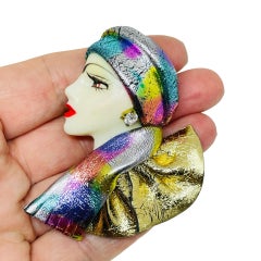 Vintage 80's flapper art deco style ladies face designer pin brooch