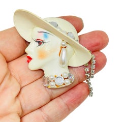 Vintage 80's flapper art deco style ladies face designer pin brooch