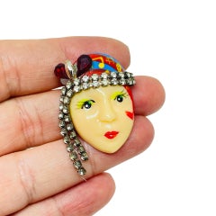 Vintage 80's flapper art deco style ladies face designer pin brooch