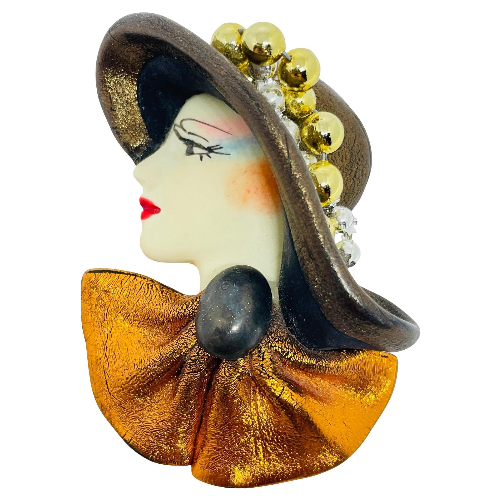 Vintage 80's flapper art deco style ladies face designer pin brooch