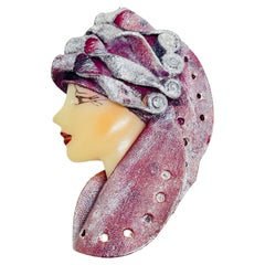 Vintage 80's flapper art deco style ladies face designer pin brooch