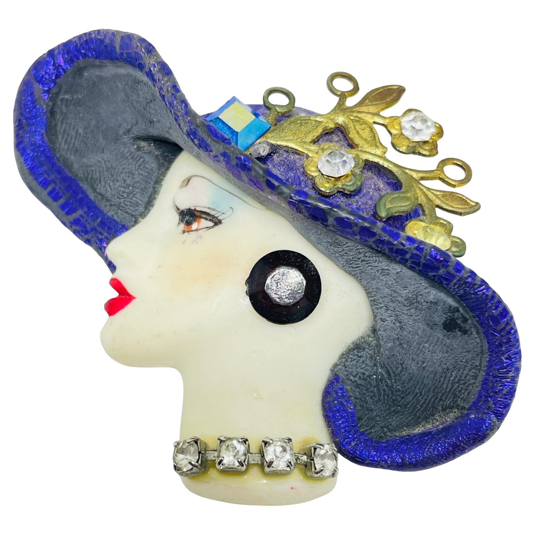 Vintage 80's flapper art deco style ladies face designer pin brooch